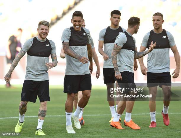 Roberto Firmino and Alberto Moreno of Liverpool during training session before the UEFA Champions League final between Real Madrid and Liverpool on...
