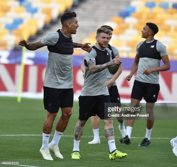 Roberto Firmino and Alberto Moreno of Liverpool during training session before the UEFA Champions League final between Real Madrid and Liverpool on...