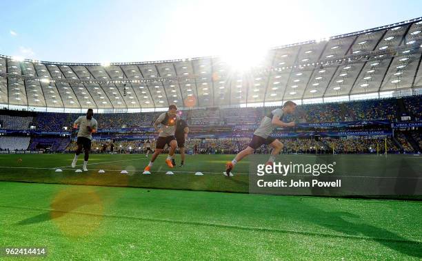 Sadio Mane, Danny Ings and Andrew Robertson of Liverpool during training session before the UEFA Champions League final between Real Madrid and...