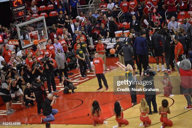Santa Fe High School Principal Rachel Blundell shoots the ball during the game between Houston Rockets and Golden State Warriors in Game Five of the...
