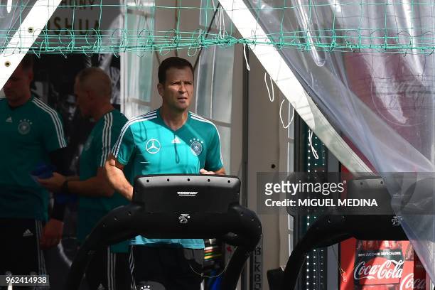 The national football team manager of Germany Olivier Bierhoff attends a training session at the Rungghof training center on May 25, 2018 in Girlan,...