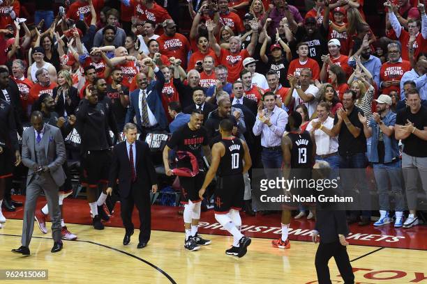 Gerald Green celebrates a win with Eric Gordon of the Houston Rockets leading the series 3 to 2 against the Golden State Warriors after Game Five of...