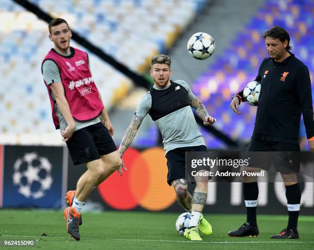 Andrew Robertson and Alberto Moreno of Liverpool during training session before the UEFA Champions League final between Real Madrid and Liverpool on...