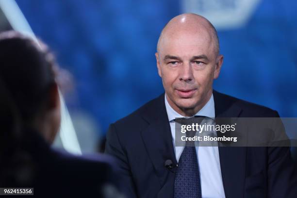 Anton Siluanov, Russia's finance minister, speaks during a Bloomberg Television interview at the St. Petersburg International Economic Forum in St....