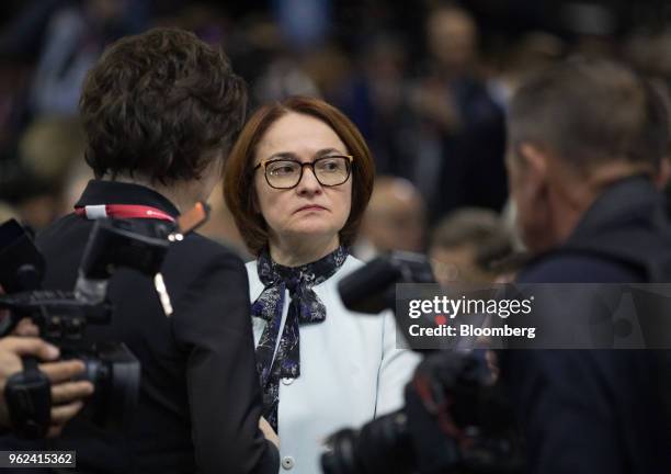 Elvira Nabiullina, governor of Russia's central bank, takes her place in the audience at the plenary session during the St. Petersburg International...