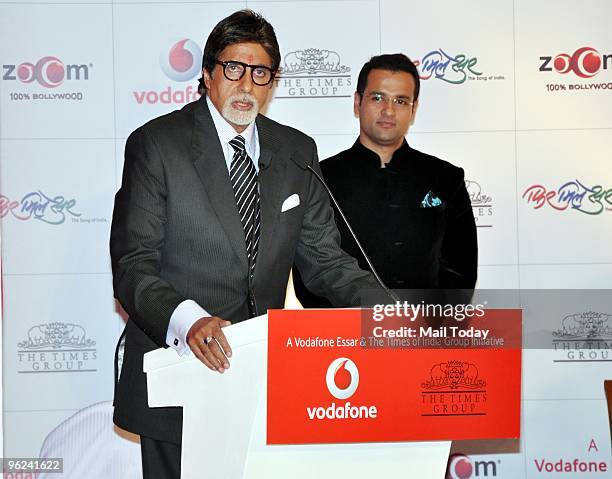 Bollywood film actor Amitabh Bachchan with Rohit Roy at the launch of the Hindi music album 'Phir Mile Sur' in Mumbai on January 25, 2010.