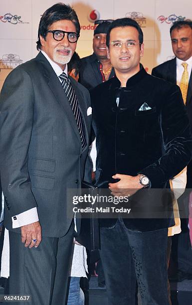 Amitabh Bachchan and Rohit Roy at the launch of the Hindi music album 'Phir Mile Sur' in Mumbai on January 25, 2010.