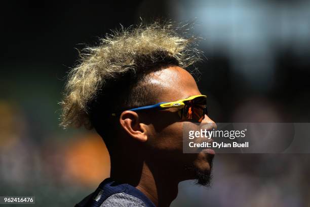 Orlando Arcia of the Milwaukee Brewers looks on before the game against the Arizona Diamondbacks at Miller Park on May 23, 2018 in Milwaukee,...