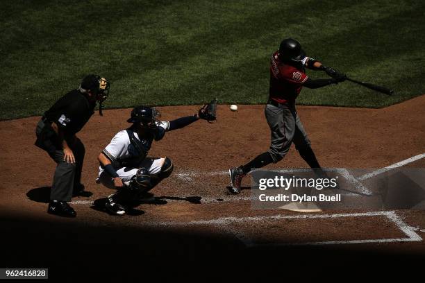 Deven Marrero of the Arizona Diamondbacks strikes out in the fifth inning against the Milwaukee Brewers at Miller Park on May 23, 2018 in Milwaukee,...