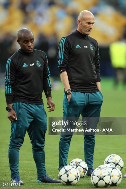 May 25: Zinedine Zidane the head coach / manager of Real Madrid looks on during the Training Session at the NSC Olimpiyskiy Stadium ahead of the UEFA...