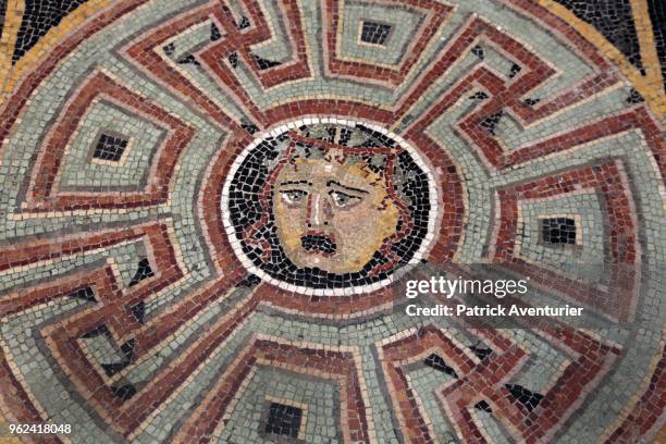 Roman Mosaic in the new Museum of Romanite on May 25, 2018 in Nimes, France. Inside this new contemporary building, more than 5,000 heritage works...