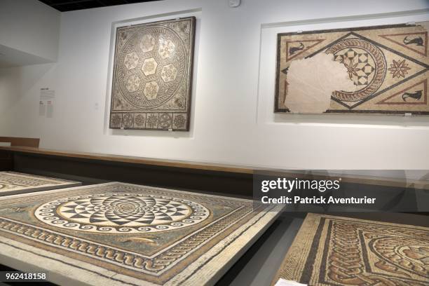 Roman Mosaic in the new Museum of Romanite on May 25, 2018 in Nimes, France. Inside this new contemporary building, more than 5,000 heritage works...