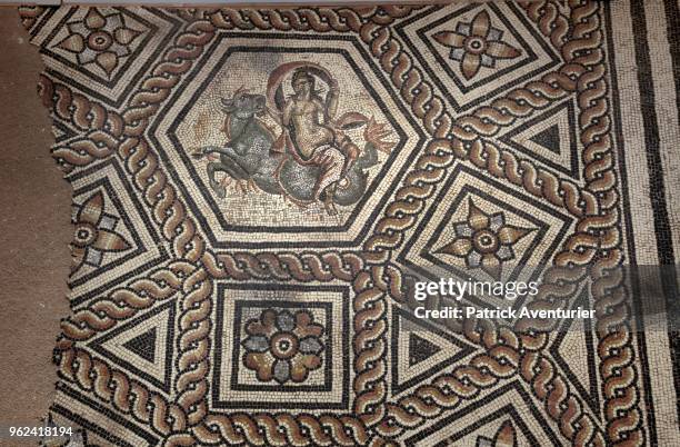 Roman Mosaic in the new Museum of Romanite on May 25, 2018 in Nimes, France. Inside this new contemporary building, more than 5,000 heritage works...