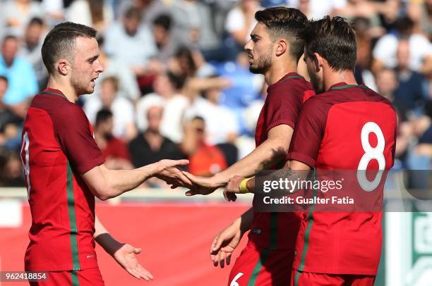 Portugal and Wolverhampton Wanderers forward Diogo Jota celebrates with teammates after scoring a goal during the U21 International Friendly match...