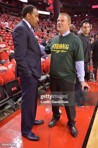 Houston Rockets owner Tilman Fertitta speaks with Stephen A. Smith before the game between Houston Rockets and Golden State Warriors in Game Five of...