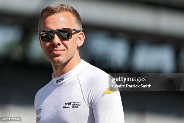 Ed Carpenter, driver of the #d20 Ed Carpenter Racing Fuzzy's Vodka Chevrolet, looks on during Carb Day for the 102nd Indianapolis 500 at Indianapolis...