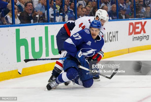 Yanni Gourde of the Tampa Bay Lightning against the Washington Capitals during Game Seven of the Eastern Conference Final during the 2018 NHL Stanley...