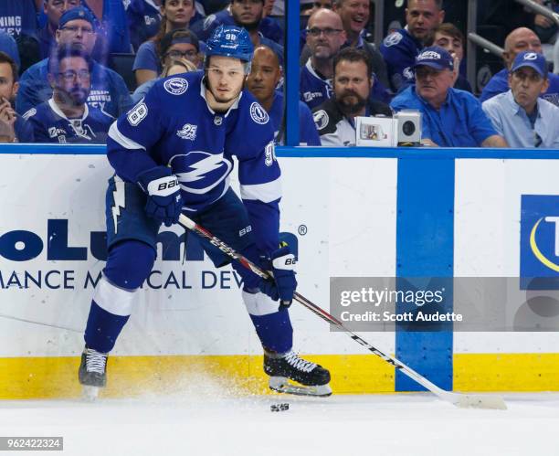 Mikhail Sergachev of the Tampa Bay Lightning against the Washington Capitals during Game Seven of the Eastern Conference Final during the 2018 NHL...