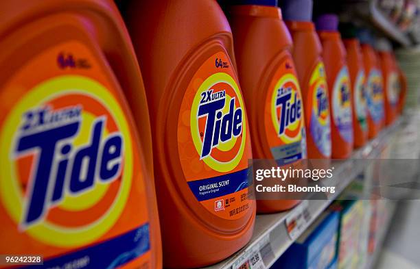 Procter & Gamble Tide brand laundry detergent sits on display in a supermarket in New York, U.S., on Thursday, Jan. 28, 2010. Procter & Gamble Co.,...