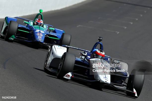 Graham Rahal, driver of the United Rentals Honda, practices during Carb Day for the 102nd Indianapolis 500 at Indianapolis Motorspeedway on May 25,...