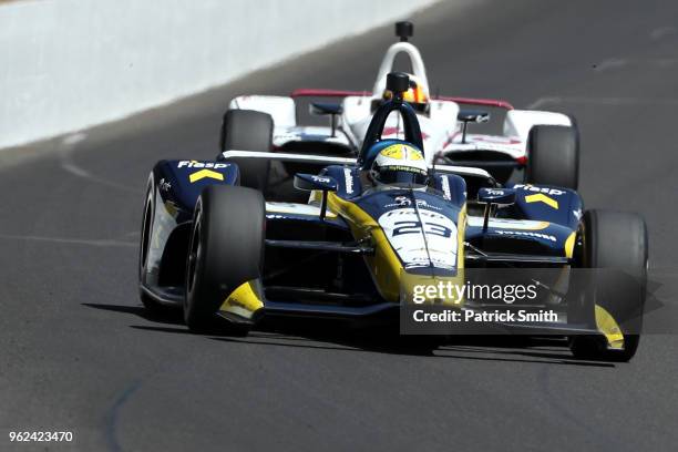 Charlie Kimball, driver of the Fiasp Chevrolet, practices during Carb Day for the 102nd Indianapolis 500 at Indianapolis Motorspeedway on May 25,...