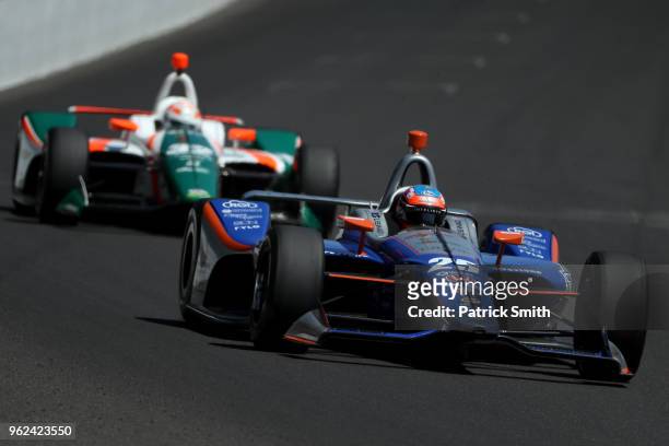 Stefan Wilson, driver of the #Driven2SaveLives Honda, practices during Carb Day for the 102nd Indianapolis 500 at Indianapolis Motorspeedway on May...