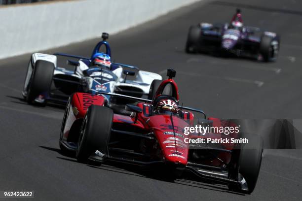 James Davison, driver of the Foyt with Byrd / Hollinger / Belardi Chevrolet, practices during Carb Day for the 102nd Indianapolis 500 at Indianapolis...