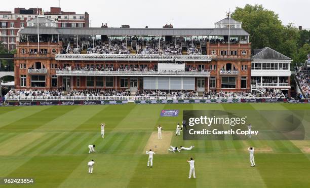 England fielders react after Azhar Ali of Pakistan makes his ground during day two of the 1st NatWest Test match between England and Pakistan at...