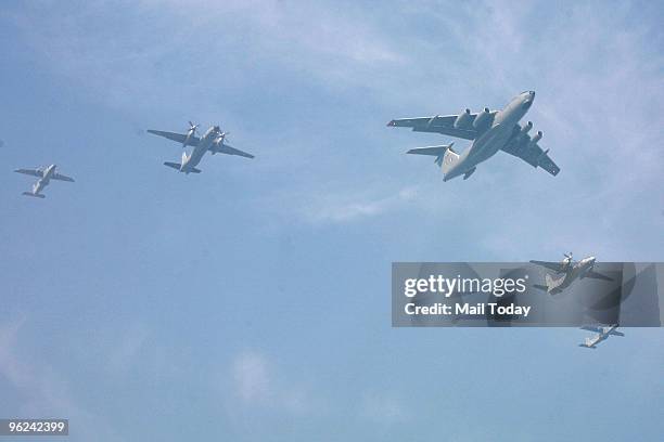 Air force planes fly past during the full dress rehearsal for the Indian Republic Day parade in New Delhi on Saturday.