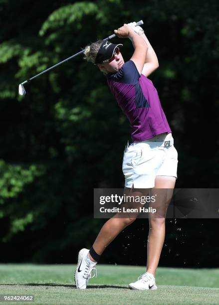 Nicole Broch Larsen from Denmark hits her tee shot on the 16th hole during round two of the LPGA Volvik Championship at Travis Pointe County Club on...