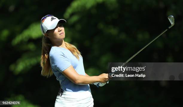 Danielle Kang from the United States watches her tee shot on the 16th hole during round two of the LPGA Volvik Championship at Travis Pointe County...