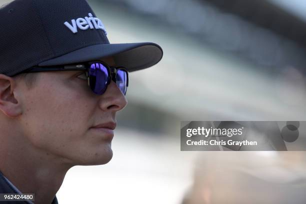 Josef Newgarden, driver of the Verizon Team Penske Chevrolet prepares to drive during Carb Day for the 102nd running of the Indianapolis 500 at...