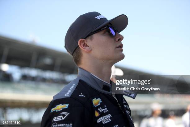Josef Newgarden, driver of the Verizon Team Penske Chevrolet prepares to drive during Carb Day for the 102nd running of the Indianapolis 500 at...