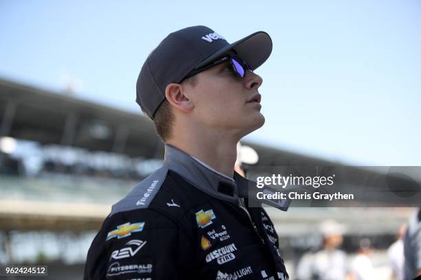 Josef Newgarden, driver of the Verizon Team Penske Chevrolet prepares to drive during Carb Day for the 102nd running of the Indianapolis 500 at...