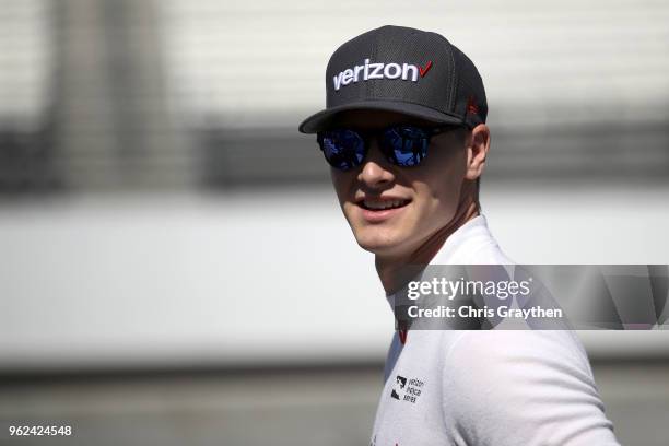 Josef Newgarden, driver of the Verizon Team Penske Chevrolet prepares to drive during Carb Day for the 102nd running of the Indianapolis 500 at...