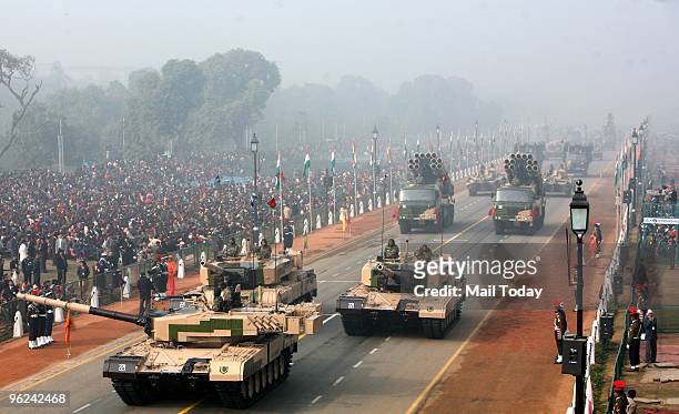 Indian army Tank Arjuna passes through Rajpath at the final full dress rehearsal for the Indian Republic Day parade in New Delhi on Saturday.