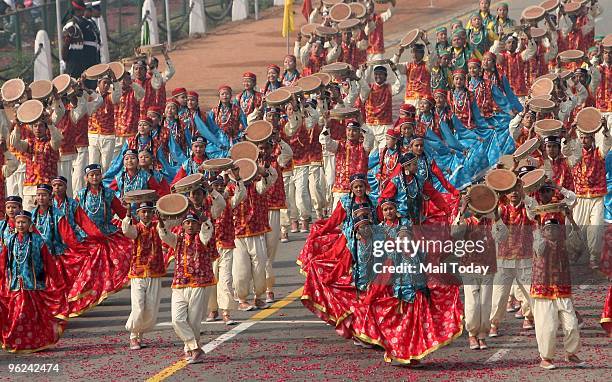 School Children dancing at the Rajpath during the final full dress rehearsal for the Indian Republic Day parade in New Delhi on Saturday.