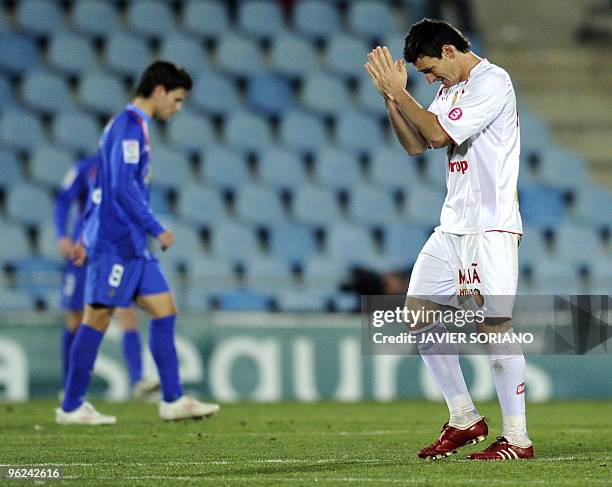 Mallorca's forward Aritz Aduriz celebrates after scoring a goal against Getafe during a Spanish King's Cup second leg football match at Alfonso Perez...