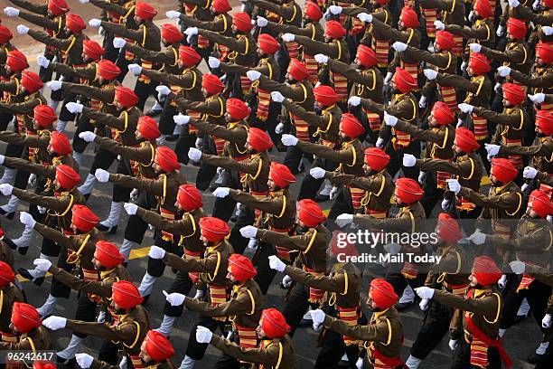 Soldiers marching during the final full dress rehearsal for the Indian Republic Day parade in New Delhi on Saturday.