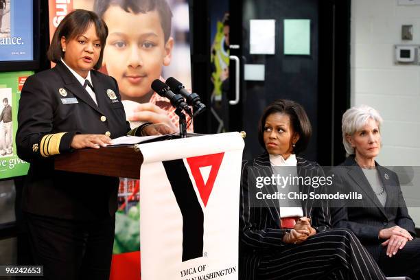 Surgeon General Regina Benjamin , delivers remarks about government and community efforts to fight childhood obesity during an event with first lady...