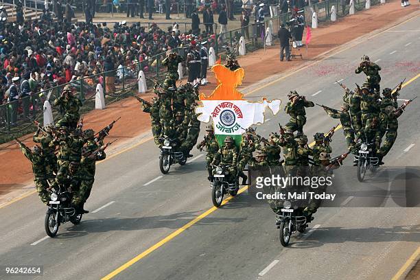 Soldiers passing through Rajpath at the final full dress rehearsal for the Indian Republic Day parade in New Delhi on Saturday.