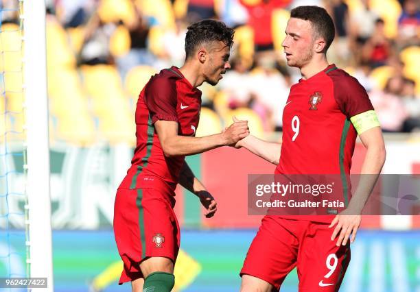 Portugal and SL Benfica forward Diogo Goncalves celebrates with teammate Portugal and Wolverhampton Wanderers forward Diogo Jota after scoring a goal...