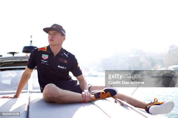 Max Verstappen of Netherlands and Red Bull Racing relaxes on a boat during previews ahead of the Monaco Formula One Grand Prix at Circuit de Monaco...