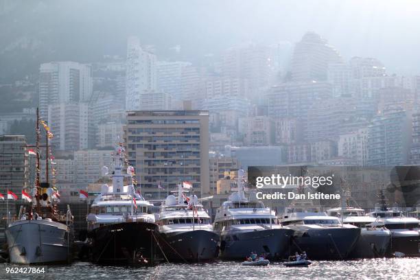 Yachts moored in Port Hercules during previews ahead of the Monaco Formula One Grand Prix at Circuit de Monaco on May 25, 2018 in Monte-Carlo, Monaco.