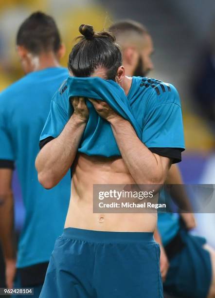 Gareth Bale of Real Madrid reacts during a Real Madrid training session ahead of the UEFA Champions League Final against Liverpool at NSC Olimpiyskiy...