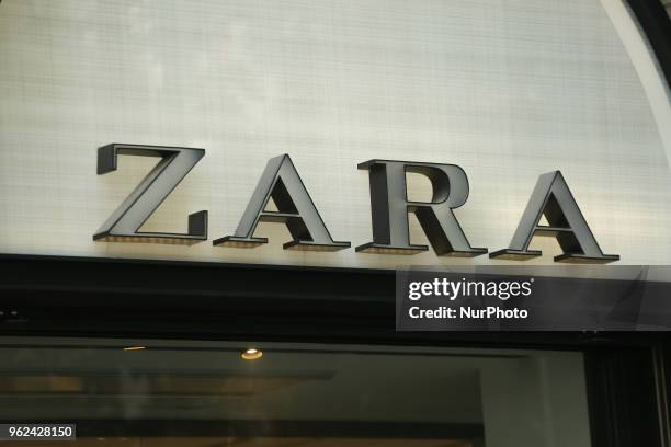 The logo of Zara is seen in the Munich pedestrian zone.