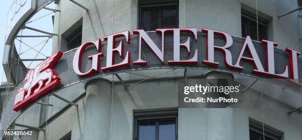 The logo of Generali is seen in the Munich pedestrian zone.