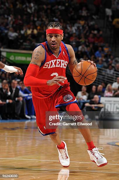 Allen Iverson of the Philadelphia 76ers drives against the Denver Nuggets during the game on January 3, 2010 at the Pepsi Center in Denver, Colorado....