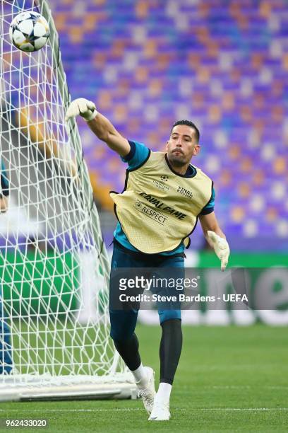 In this handout image provided by UEFA, Kiko Casilla of Real Madrid in action during a training session ahead of the UEFA Champions League Final...