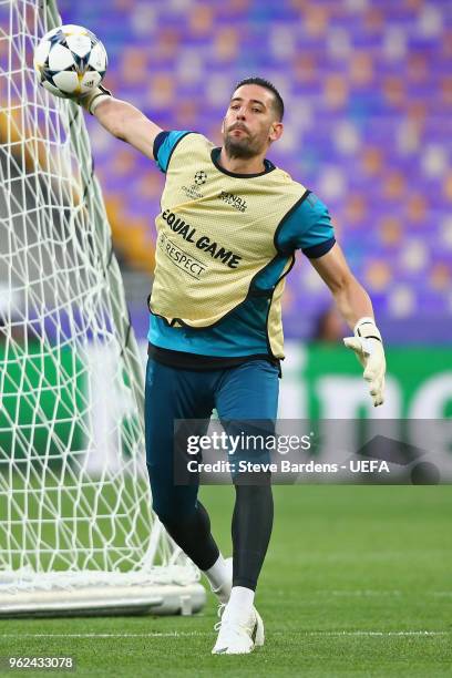 In this handout image provided by UEFA, Kiko Casilla of Real Madrid in action during a training session ahead of the UEFA Champions League Final...